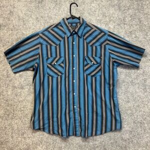 Rock Creek Ranch Western Snap Shirt Mens XL‎ Blue Grey Striped Short Sleeve VTG